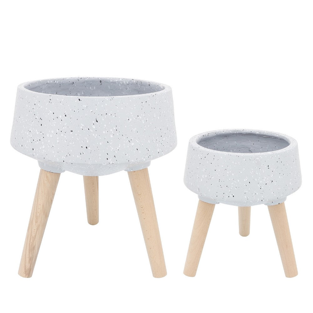 Indoor Outdoor Planter Set of 2, Gray Terrazzo and Brown Wood Legs - BM349790