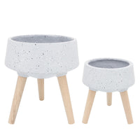 Indoor Outdoor Planter Set of 2, Gray Terrazzo and Brown Wood Legs - BM349790