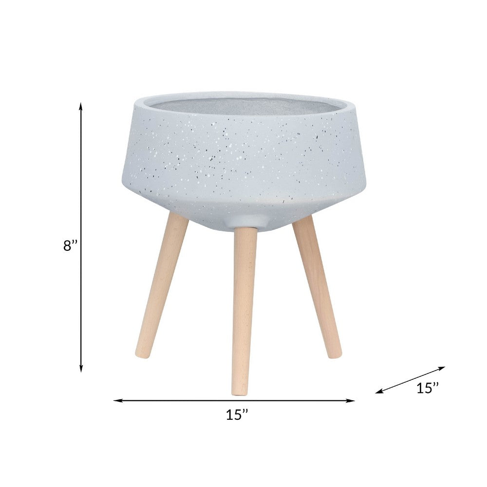 Indoor Outdoor Planter Set of 2, Gray Terrazzo and Brown Wood Legs - BM349790