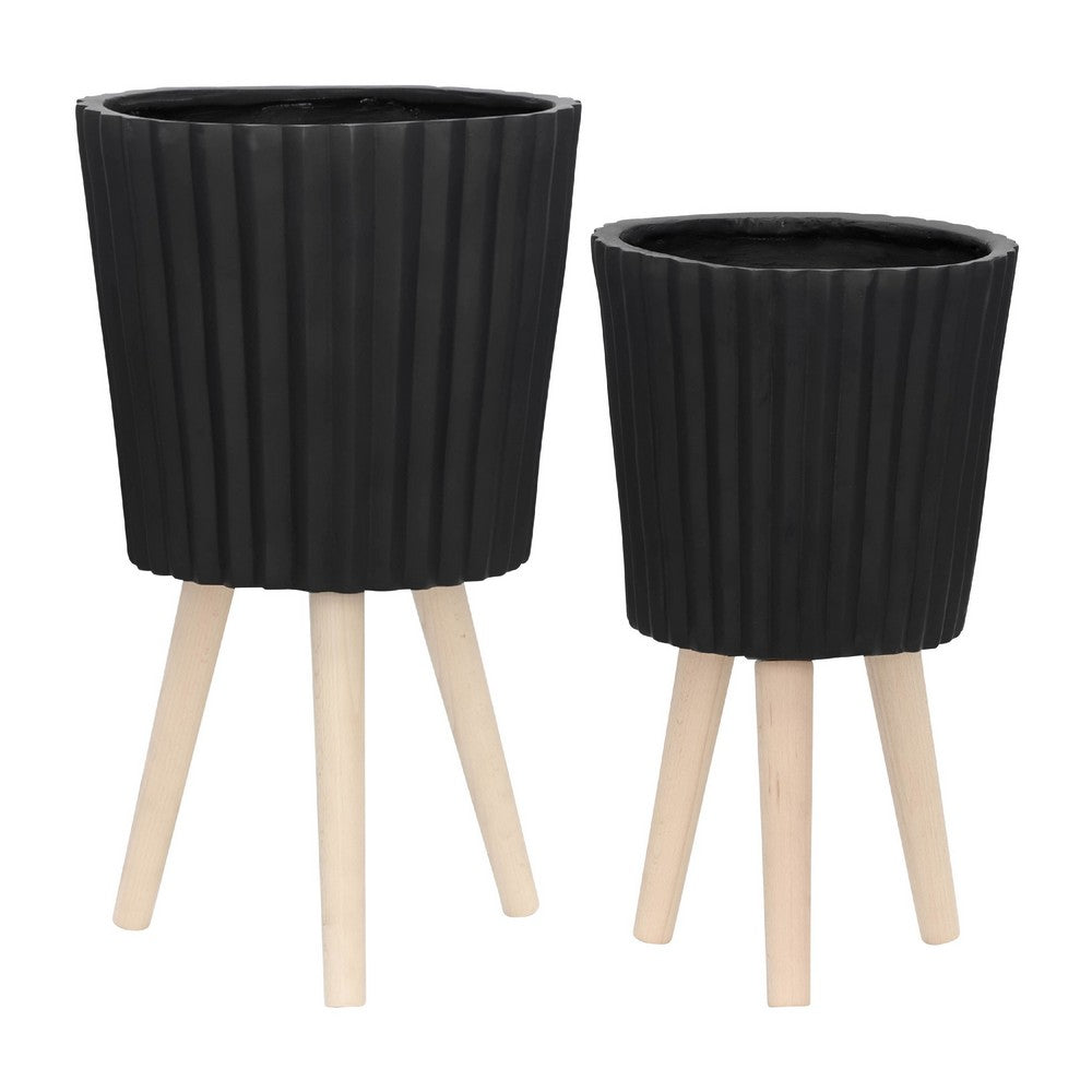 Indoor Outdoor Ridged Planter Set of 2, Black and Brown Wood Legs - BM349791