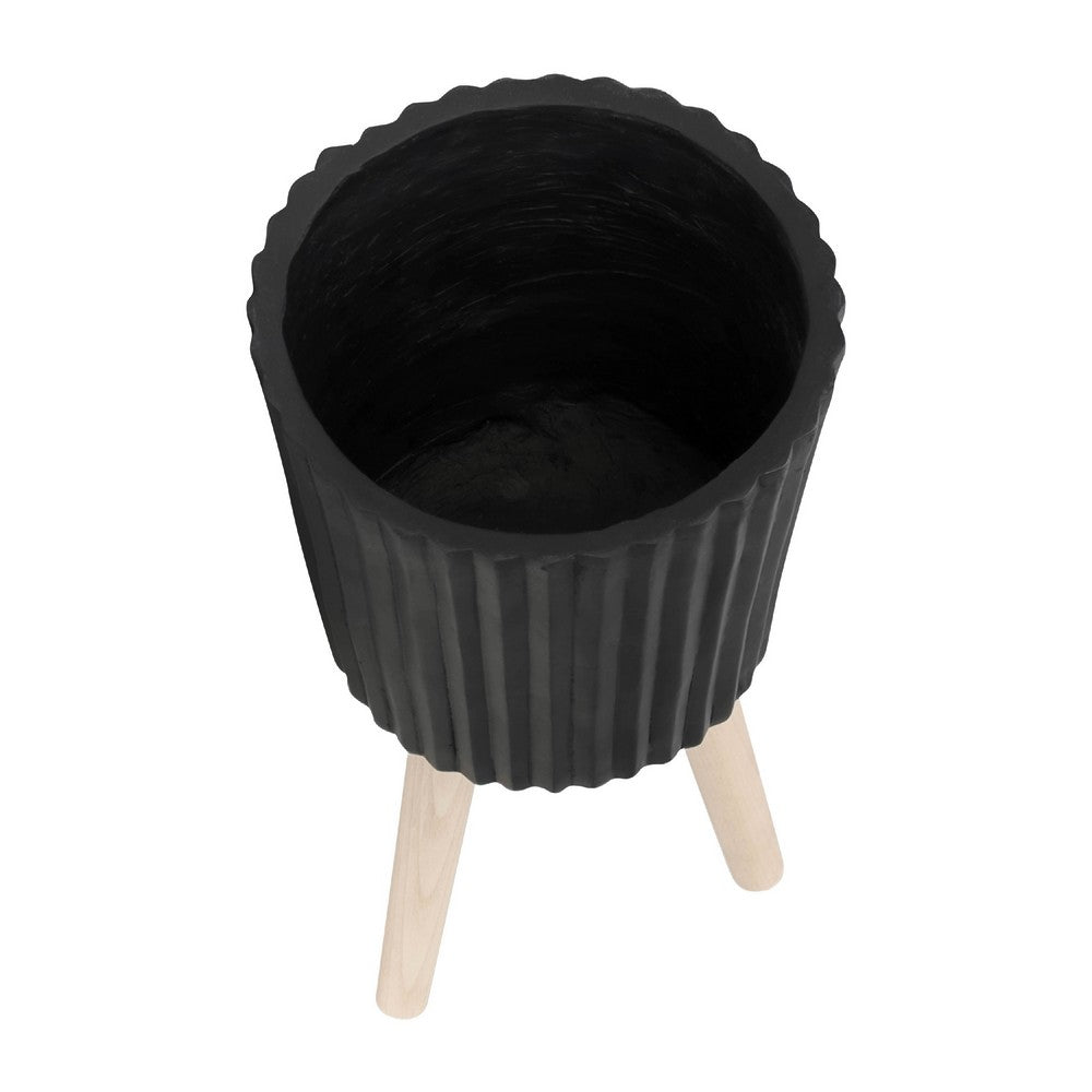 Indoor Outdoor Ridged Planter Set of 2, Black and Brown Wood Legs - BM349791