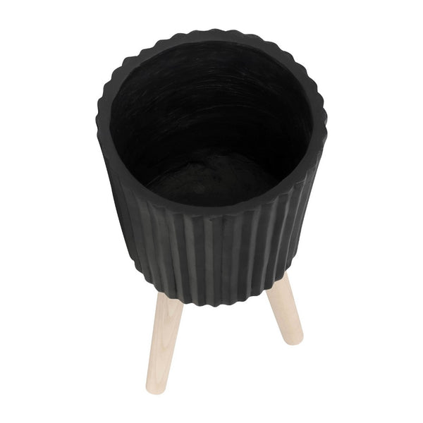 Indoor Outdoor Ridged Planter Set of 2, Black and Brown Wood Legs - BM349791