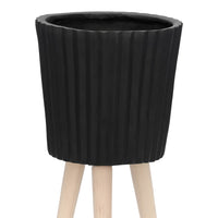 Indoor Outdoor Ridged Planter Set of 2, Black and Brown Wood Legs - BM349791