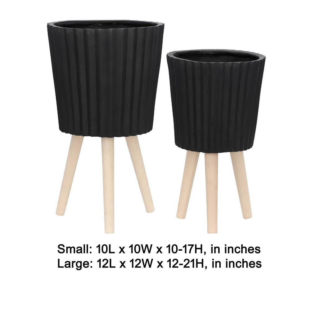 Indoor Outdoor Ridged Planter Set of 2, Black and Brown Wood Legs - BM349791