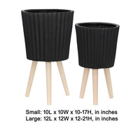 Indoor Outdoor Ridged Planter Set of 2, Black and Brown Wood Legs - BM349791