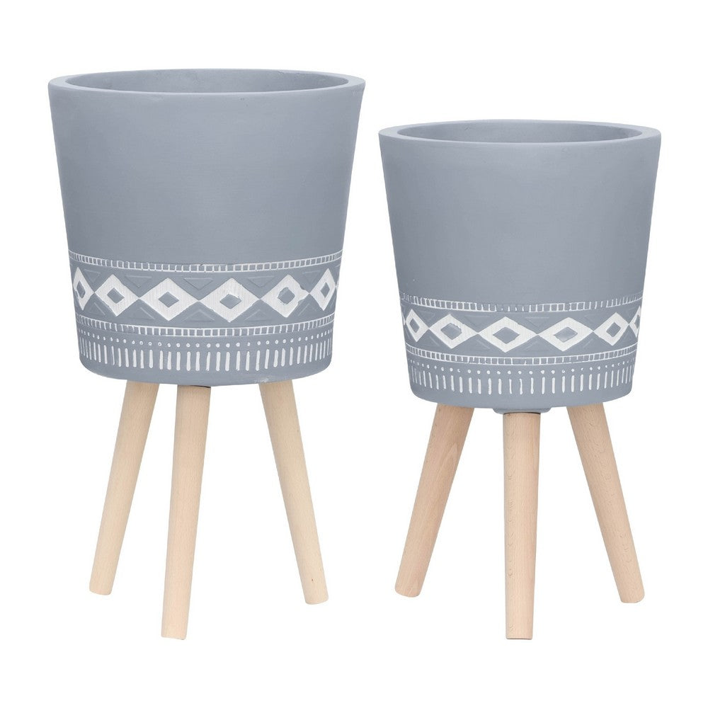 Indoor Outdoor Planter Set of 2, Gray Diamond Art, Brown Wood Legs - BM349792