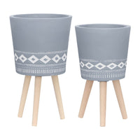Indoor Outdoor Planter Set of 2, Gray Diamond Art, Brown Wood Legs - BM349792