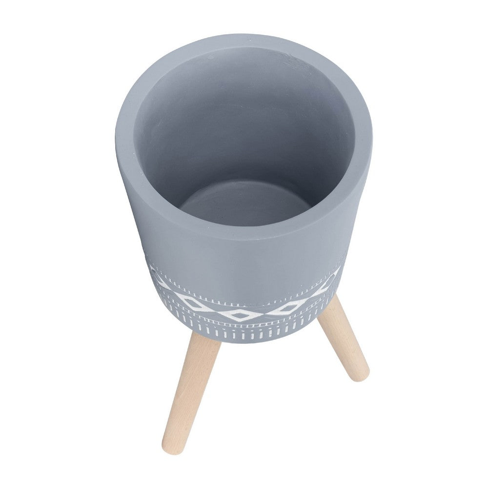 Indoor Outdoor Planter Set of 2, Gray Diamond Art, Brown Wood Legs - BM349792