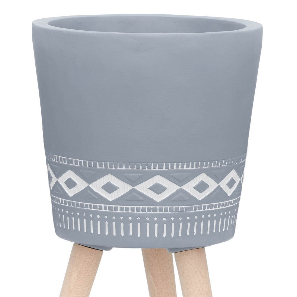 Indoor Outdoor Planter Set of 2, Gray Diamond Art, Brown Wood Legs - BM349792