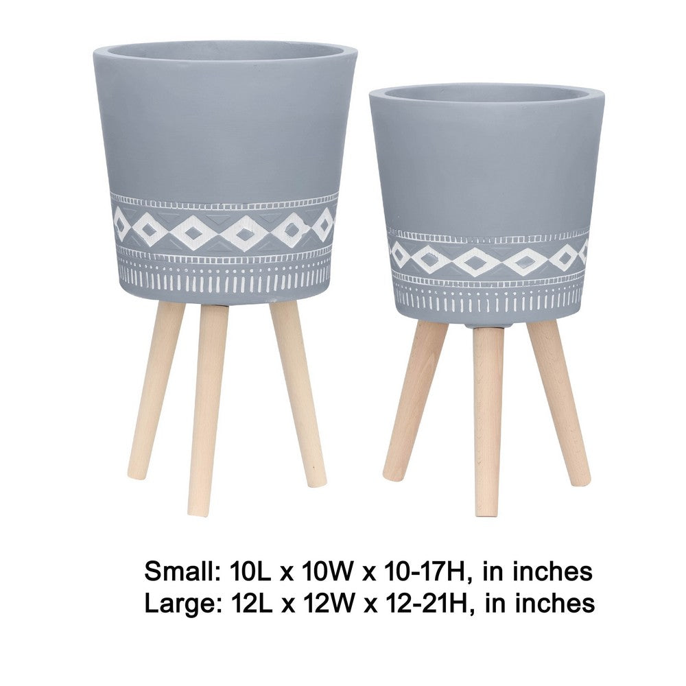 Indoor Outdoor Planter Set of 2, Gray Diamond Art, Brown Wood Legs - BM349792