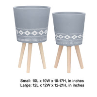 Indoor Outdoor Planter Set of 2, Gray Diamond Art, Brown Wood Legs - BM349792