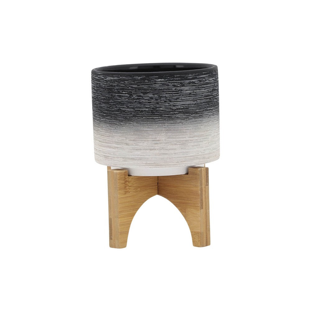 Indoor Planter with Natural Brown Wood Stand, 6 Inch Gray Ceramic - BM349793