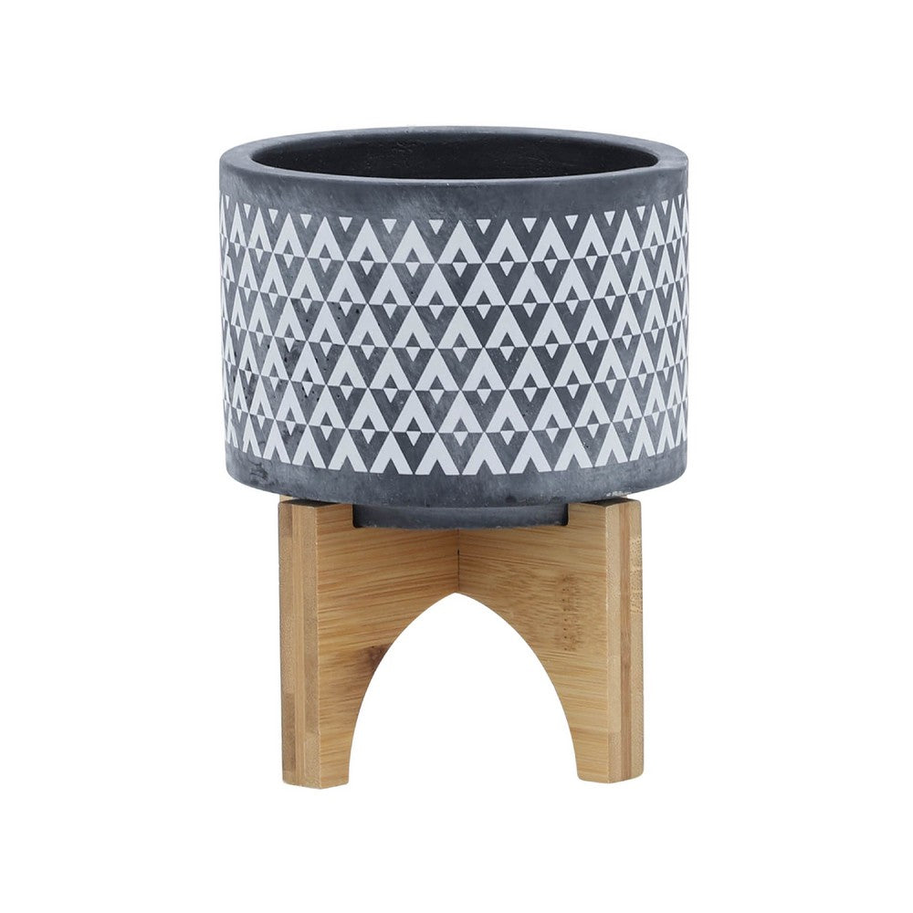 Indoor Planter on Brown Wood Stand, 6 Inch Gray Aztec Printed Ceramic - BM349794