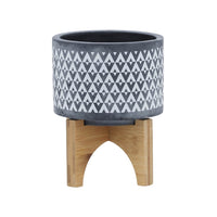 Indoor Planter on Brown Wood Stand, 6 Inch Gray Aztec Printed Ceramic - BM349794