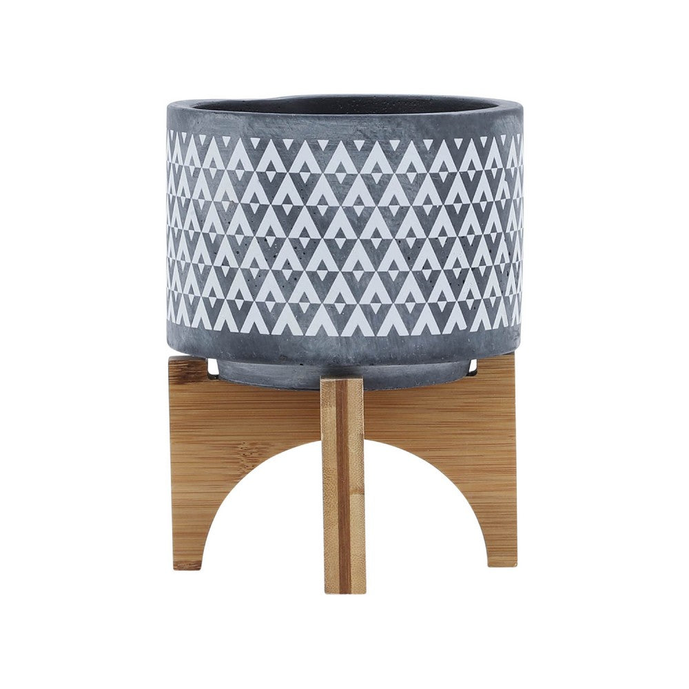 Indoor Planter on Brown Wood Stand, 6 Inch Gray Aztec Printed Ceramic - BM349794