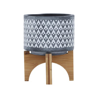 Indoor Planter on Brown Wood Stand, 6 Inch Gray Aztec Printed Ceramic - BM349794