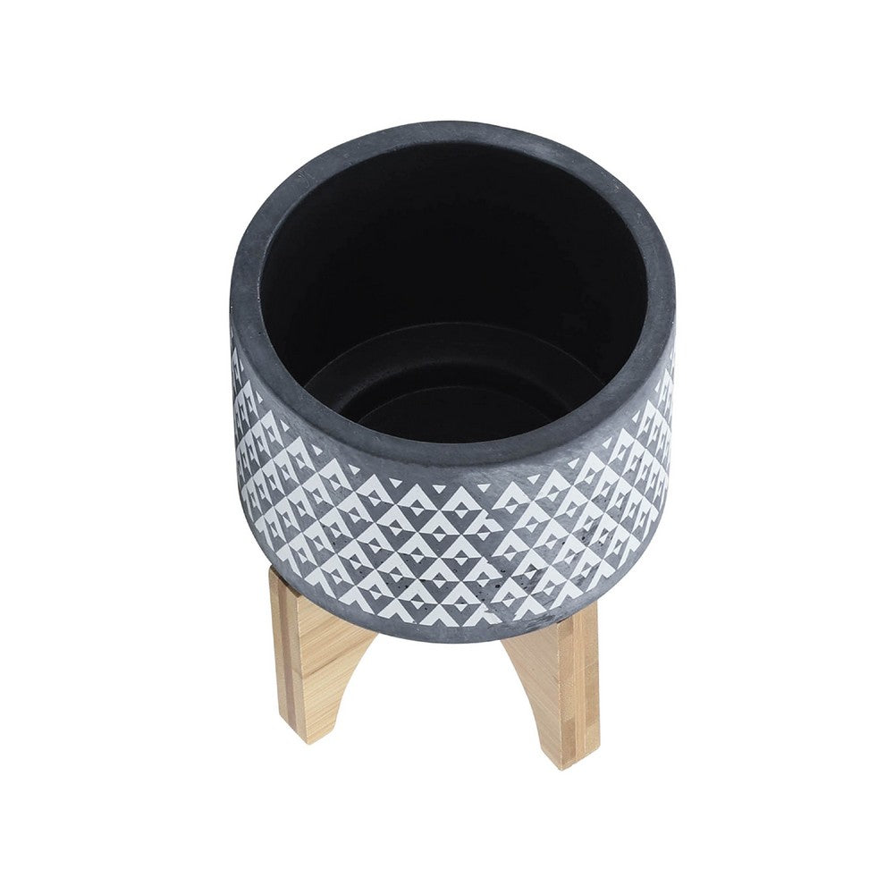Indoor Planter on Brown Wood Stand, 6 Inch Gray Aztec Printed Ceramic - BM349794
