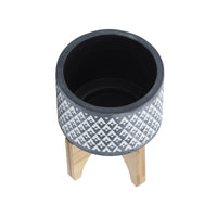Indoor Planter on Brown Wood Stand, 6 Inch Gray Aztec Printed Ceramic - BM349794