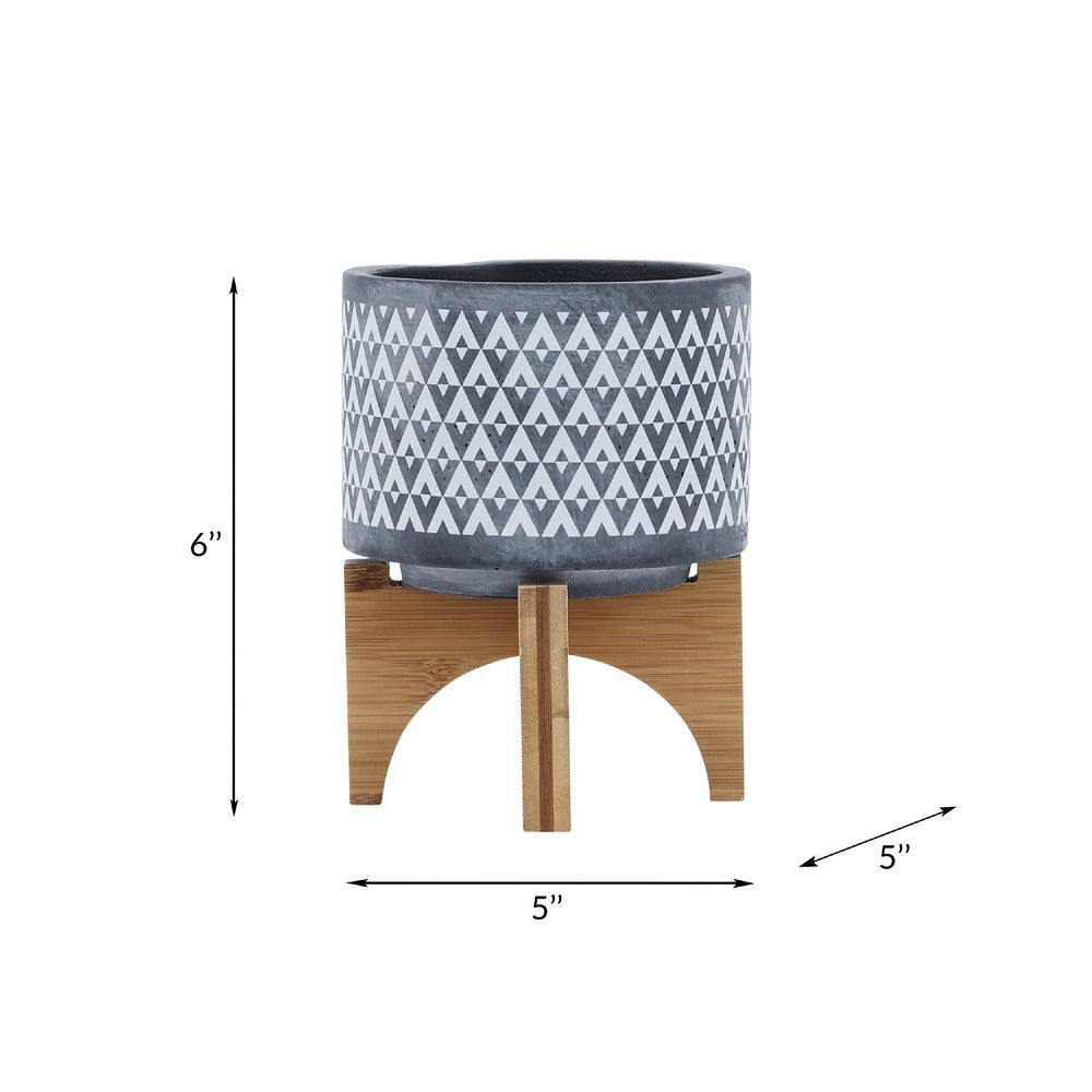 Indoor Planter on Brown Wood Stand, 6 Inch Gray Aztec Printed Ceramic - BM349794
