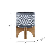 Indoor Planter on Brown Wood Stand, 6 Inch Gray Aztec Printed Ceramic - BM349794