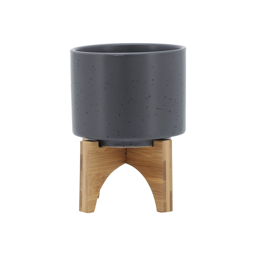 Indoor Planter on Natural Light Brown Wood Stand, 7 Inch Gray Ceramic - BM349795