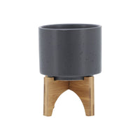 Indoor Planter on Natural Light Brown Wood Stand, 7 Inch Gray Ceramic - BM349795