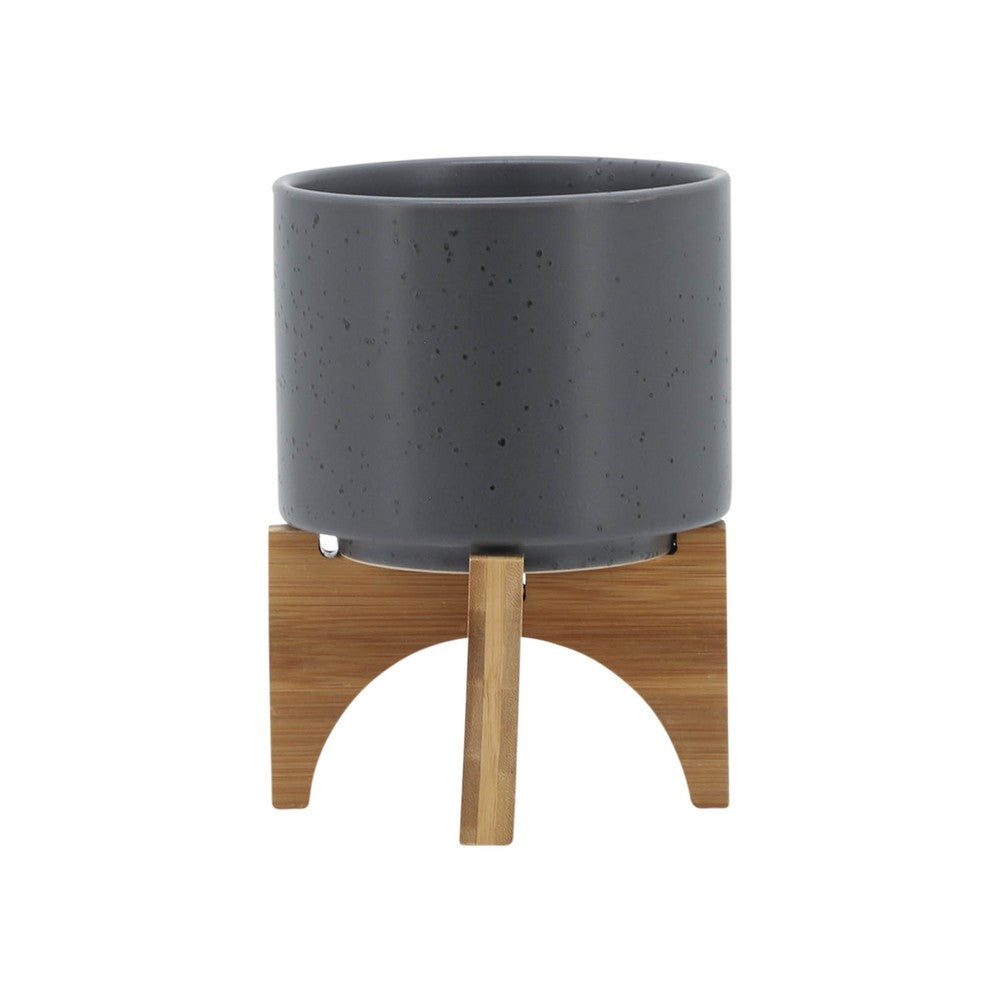 Indoor Planter on Natural Light Brown Wood Stand, 7 Inch Gray Ceramic - BM349795