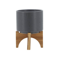 Indoor Planter on Natural Light Brown Wood Stand, 7 Inch Gray Ceramic - BM349795