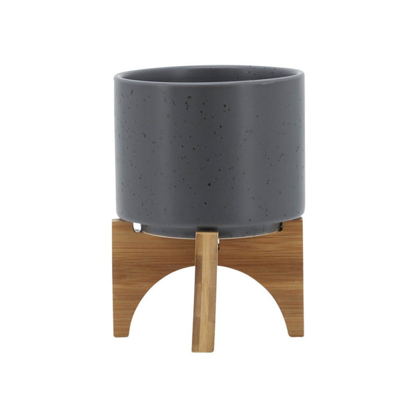 Indoor Planter on Natural Light Brown Wood Stand, 7 Inch Gray Ceramic - BM349795