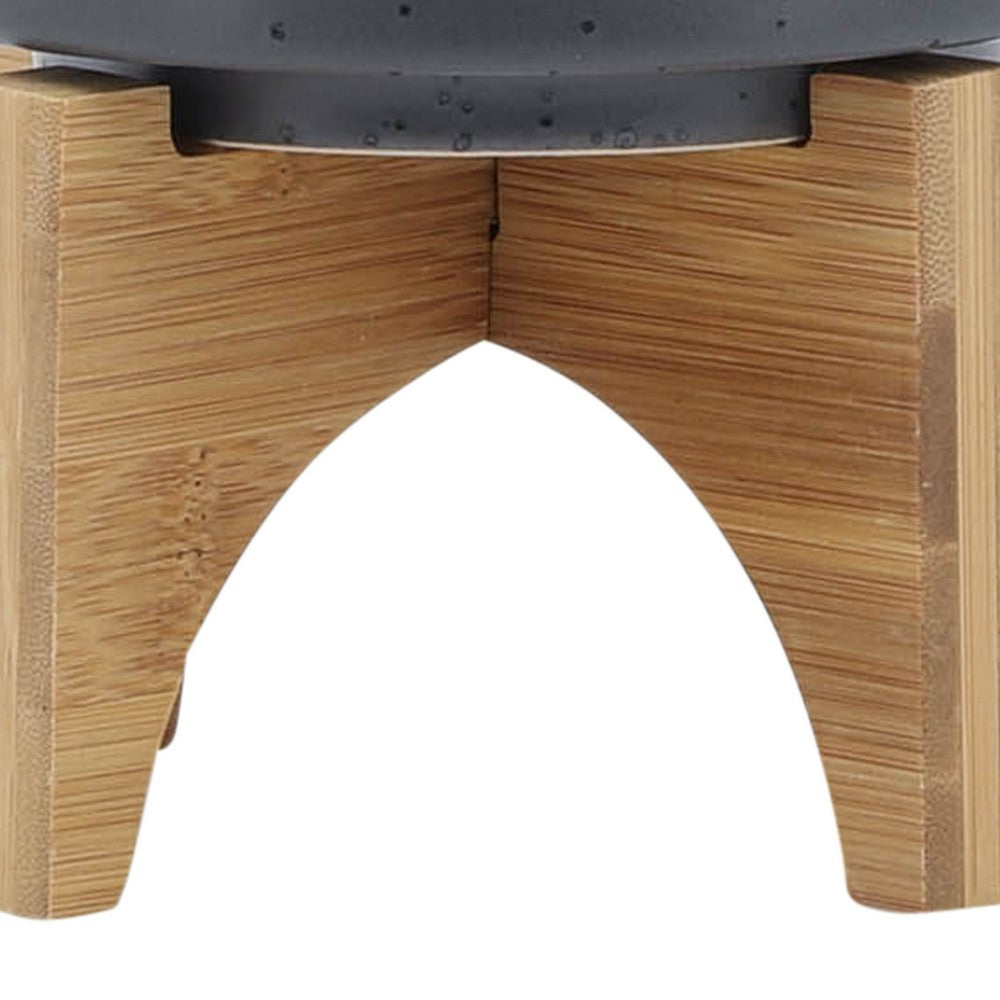Indoor Planter on Natural Light Brown Wood Stand, 7 Inch Gray Ceramic - BM349795