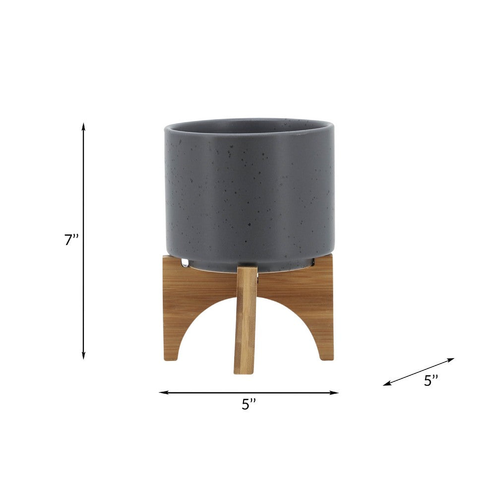 Indoor Planter on Natural Light Brown Wood Stand, 7 Inch Gray Ceramic - BM349795