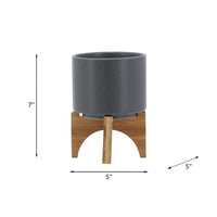Indoor Planter on Natural Light Brown Wood Stand, 7 Inch Gray Ceramic - BM349795