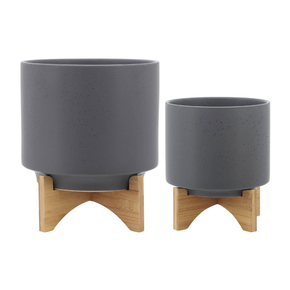 Set of 2 Indoor Planter on Natural Brown Wood Stand, 12 Inch Gray Ceramic - BM349796