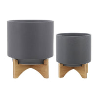 Set of 2 Indoor Planter on Natural Brown Wood Stand, 12 Inch Gray Ceramic - BM349796