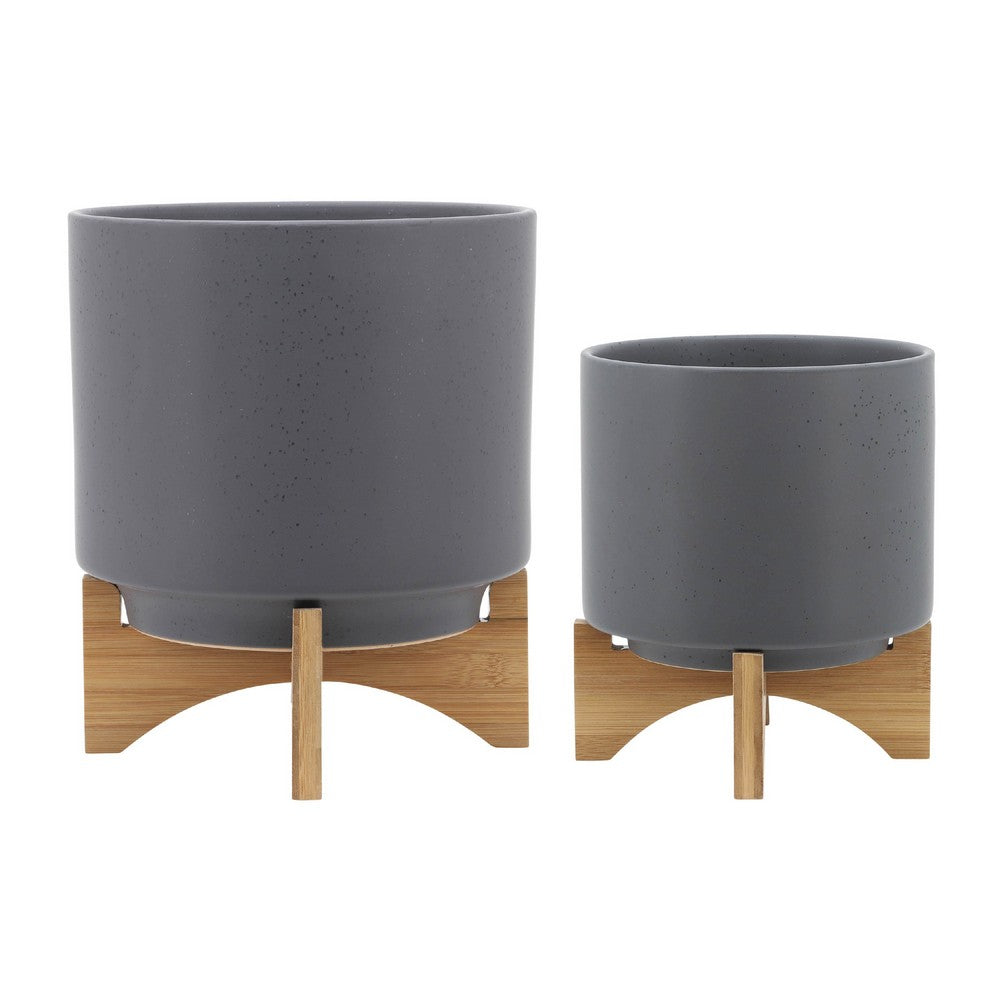 Set of 2 Indoor Planter on Natural Brown Wood Stand, 12 Inch Gray Ceramic - BM349796