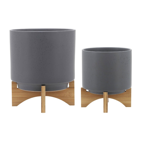 Set of 2 Indoor Planter on Natural Brown Wood Stand, 12 Inch Gray Ceramic - BM349796