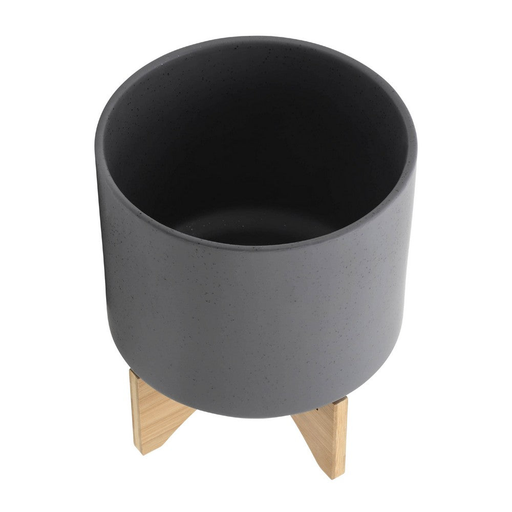 Set of 2 Indoor Planter on Natural Brown Wood Stand, 12 Inch Gray Ceramic - BM349796