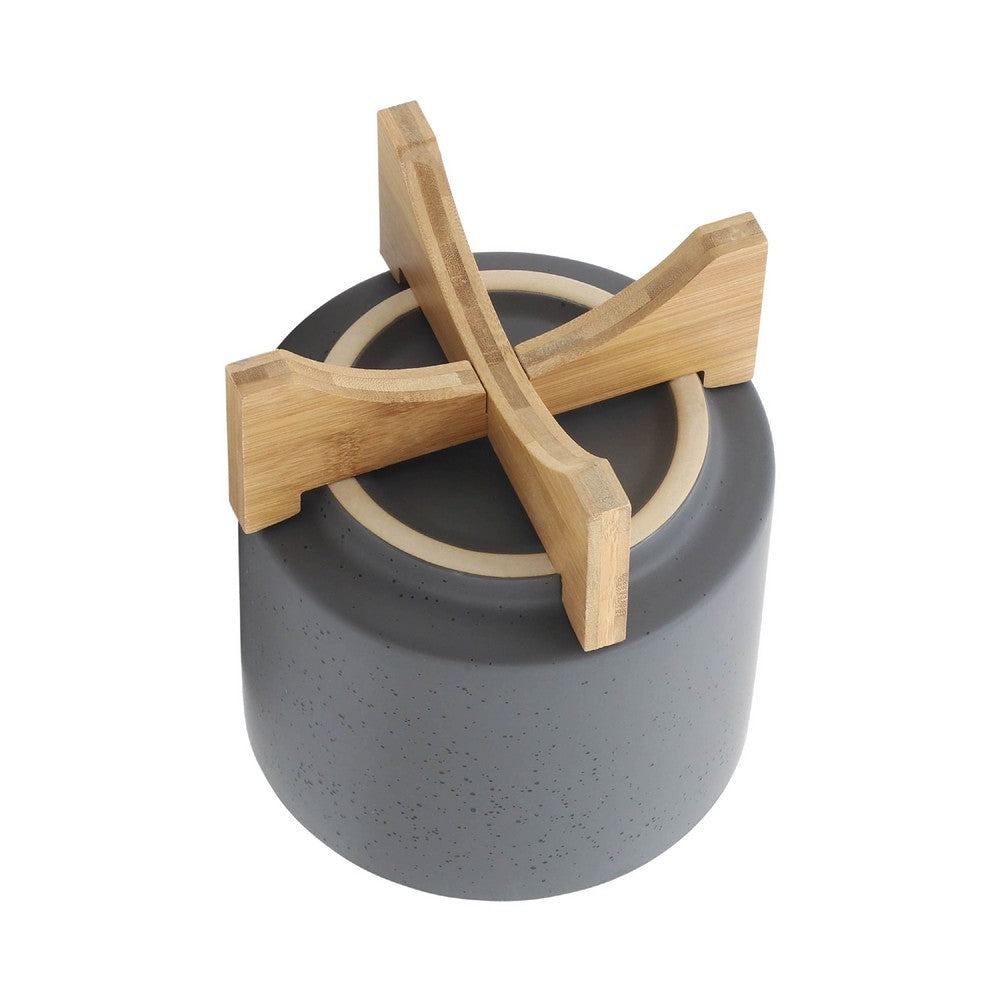 Set of 2 Indoor Planter on Natural Brown Wood Stand, 12 Inch Gray Ceramic - BM349796