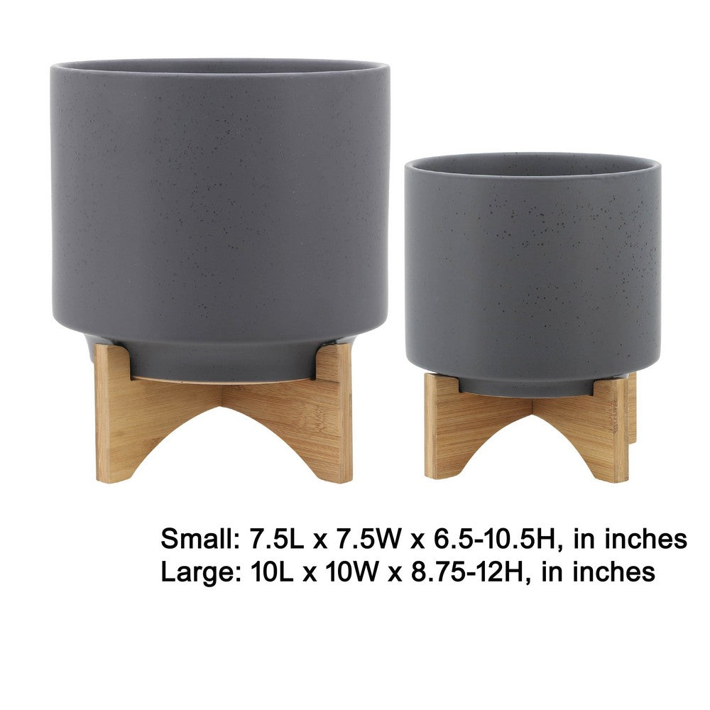 Set of 2 Indoor Planter on Natural Brown Wood Stand, 12 Inch Gray Ceramic - BM349796