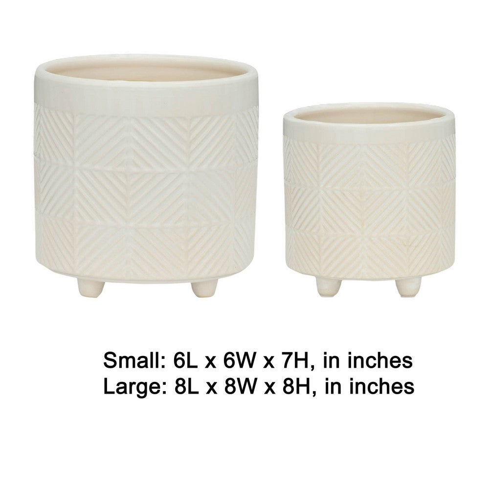 Garden Planter Set of 2, Glossy White Diamond Patterned Ceramic Body - BM349797