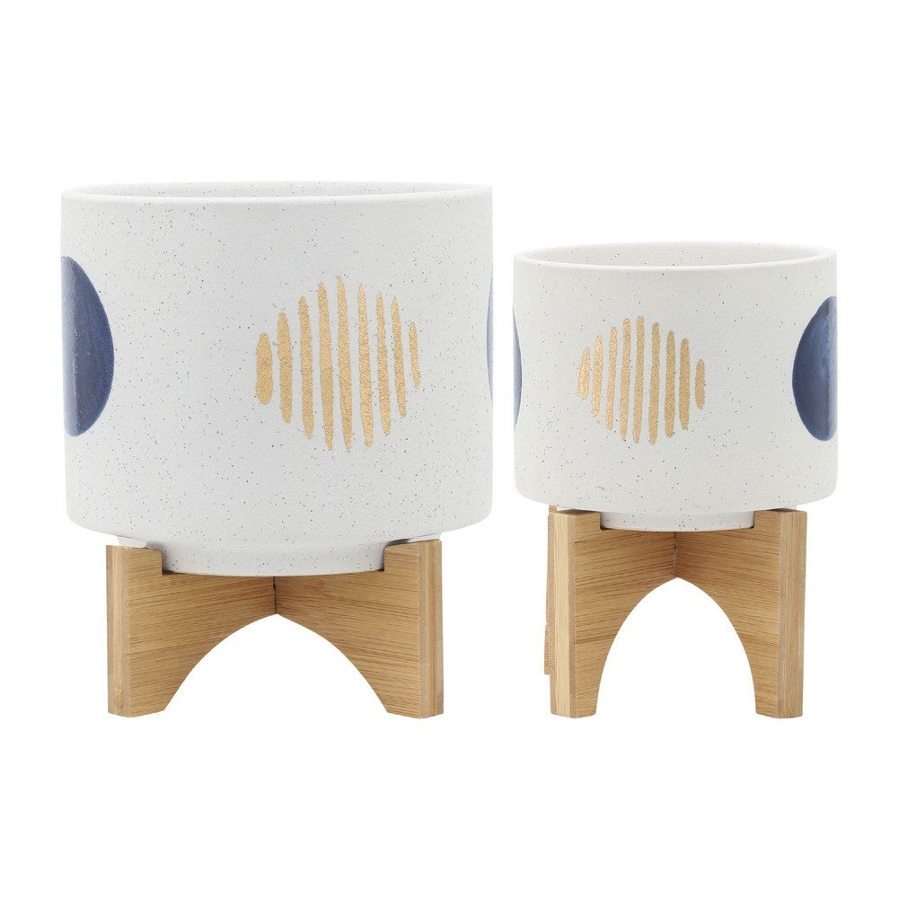 Funky Planter Set of 2, Wood Stand, Blue Gold Stripes on White Ceramic - BM349798