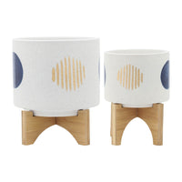 Funky Planter Set of 2, Wood Stand, Blue Gold Stripes on White Ceramic - BM349798