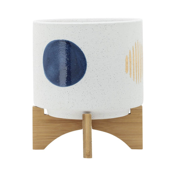 Funky Planter Set of 2, Wood Stand, Blue Gold Stripes on White Ceramic - BM349798