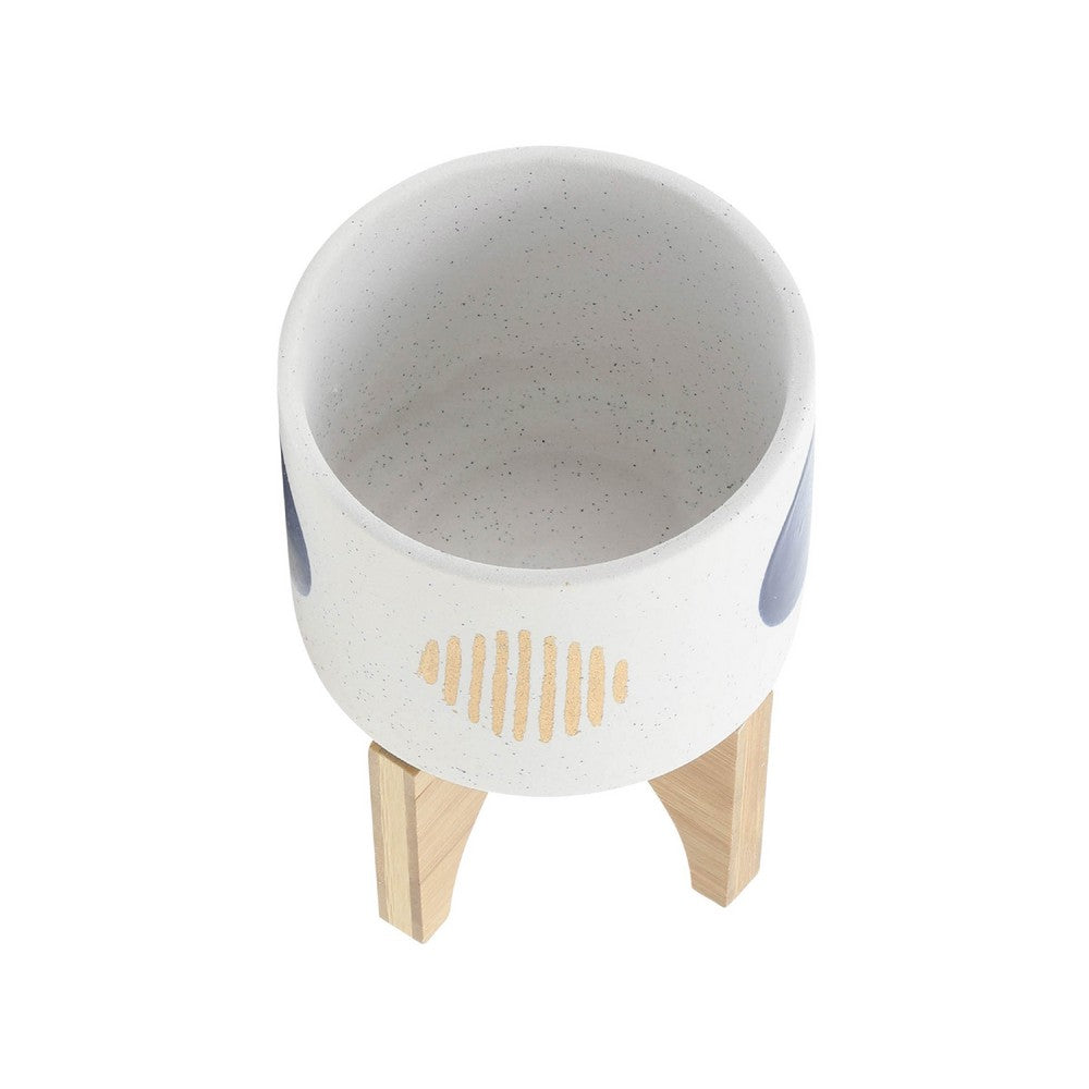Funky Planter Set of 2, Wood Stand, Blue Gold Stripes on White Ceramic - BM349798