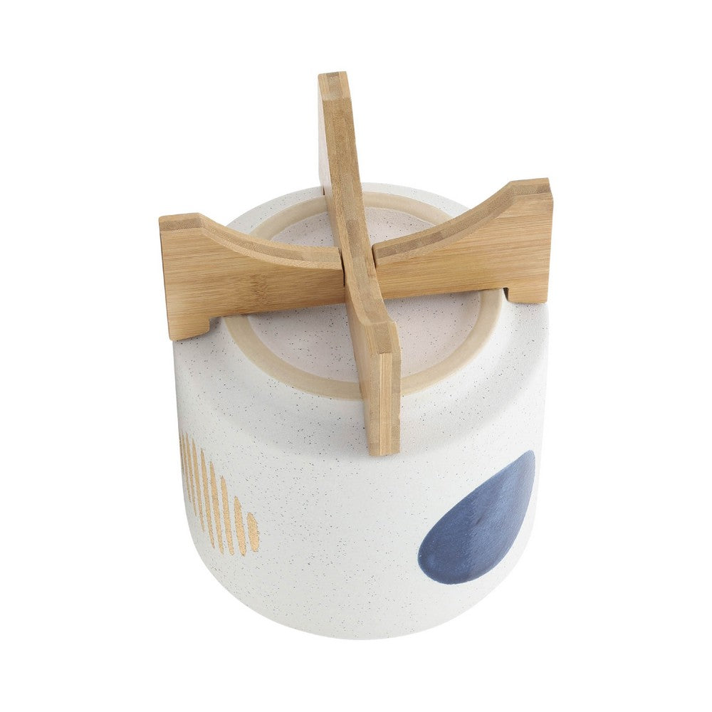 Funky Planter Set of 2, Wood Stand, Blue Gold Stripes on White Ceramic - BM349798