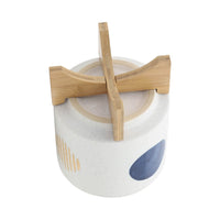 Funky Planter Set of 2, Wood Stand, Blue Gold Stripes on White Ceramic - BM349798