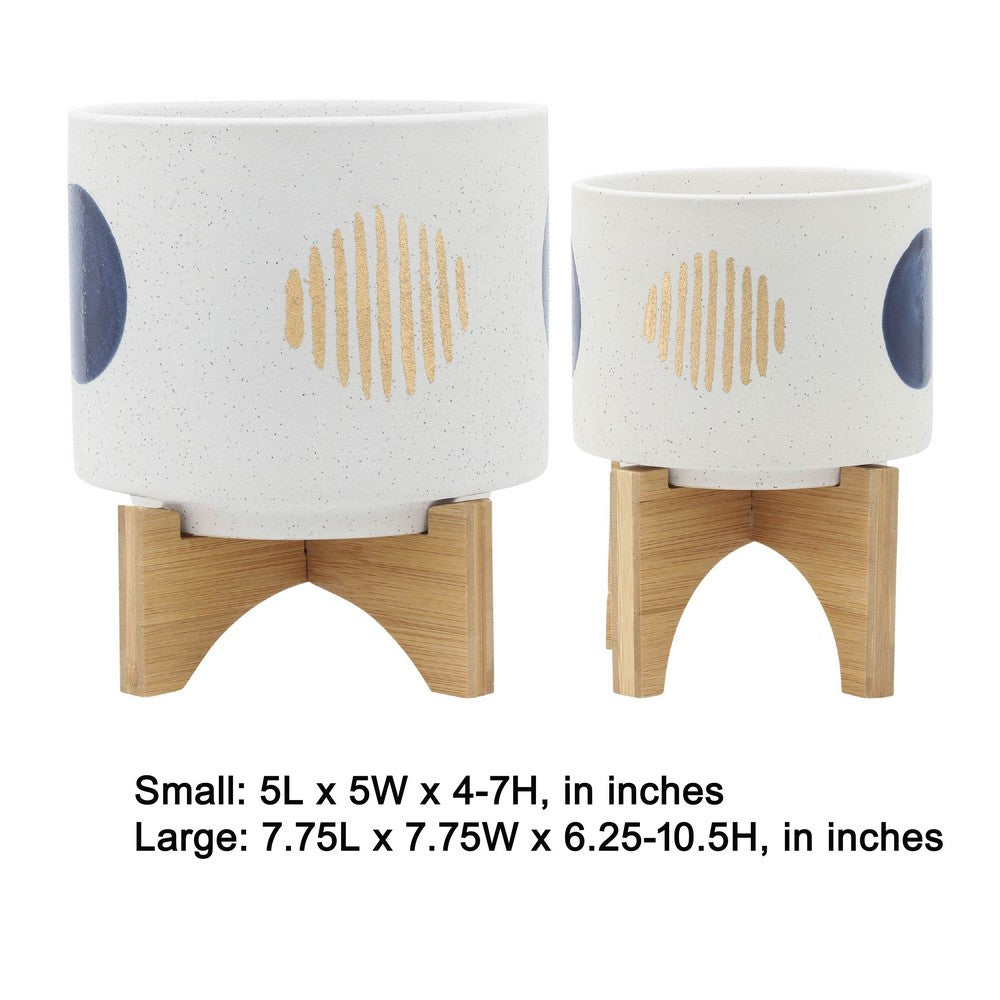 Funky Planter Set of 2, Wood Stand, Blue Gold Stripes on White Ceramic - BM349798