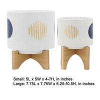 Funky Planter Set of 2, Wood Stand, Blue Gold Stripes on White Ceramic - BM349798