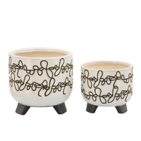 Garden Footed Planter Set of 2, Black Scribble Pattern, Beige Ceramic - BM349799