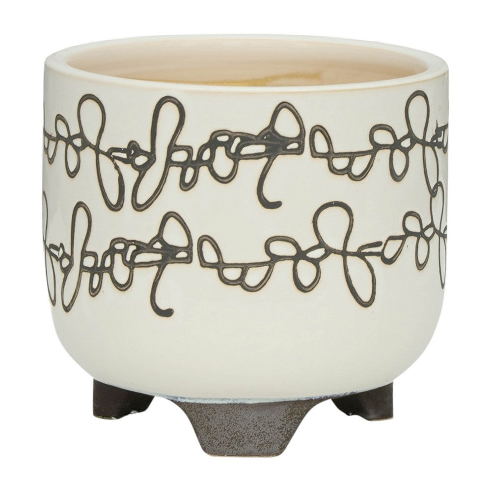 Garden Footed Planter Set of 2, Black Scribble Pattern, Beige Ceramic - BM349799